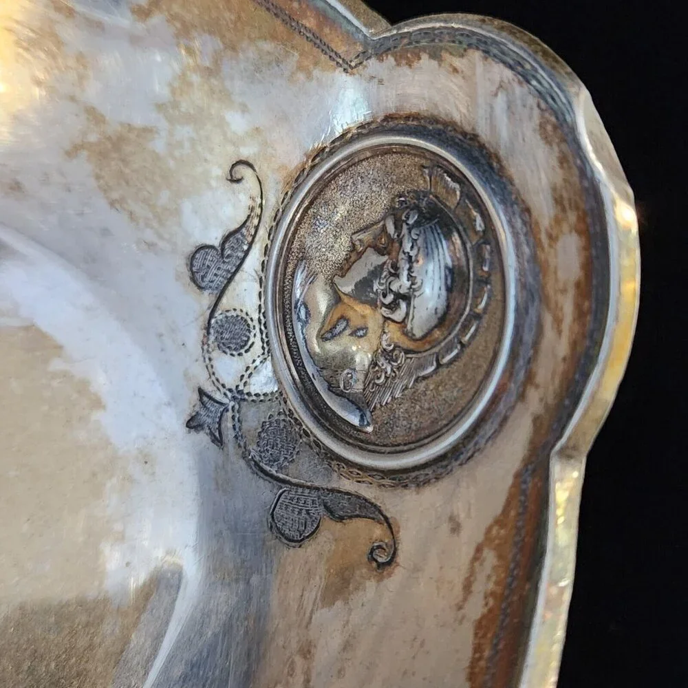 Simpson Hall Miller Medallion Greek Roman Face Dish Basket Silver Plated Antique